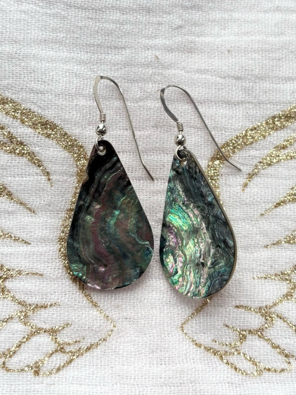 Sterling Silver Teardrop Abalone Shell Dangle Earrings - Iridescent Green